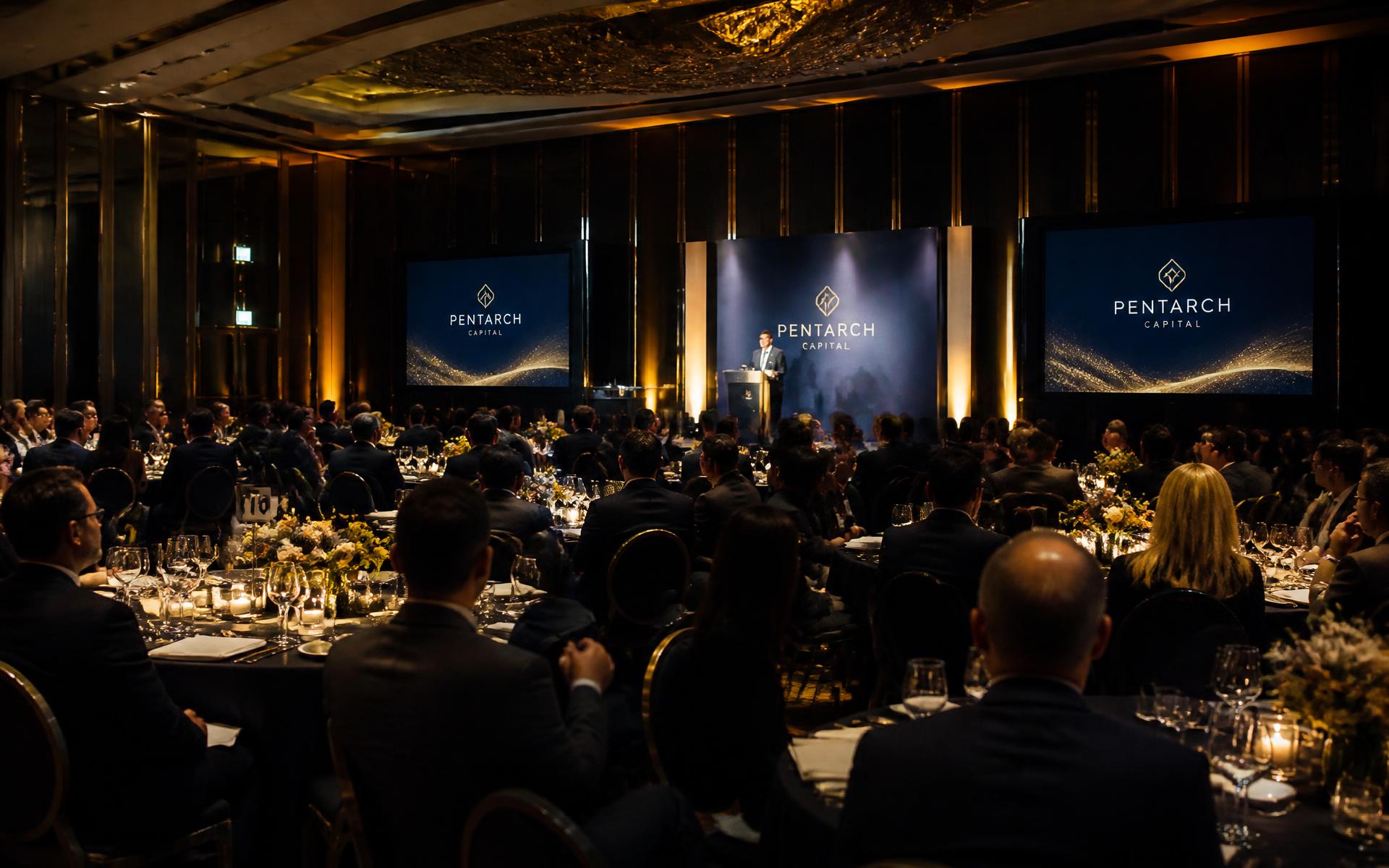 Corporate holiday gala in a hotel ballroom with staged branding and dinner service